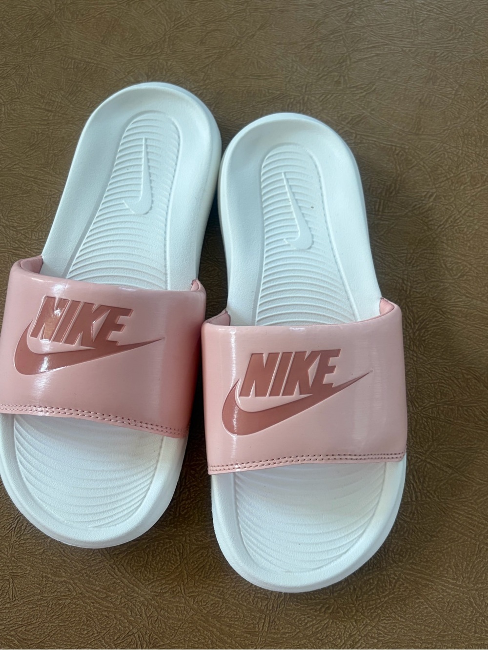 Nike Pink and White Benassi JDI Slide Sandals